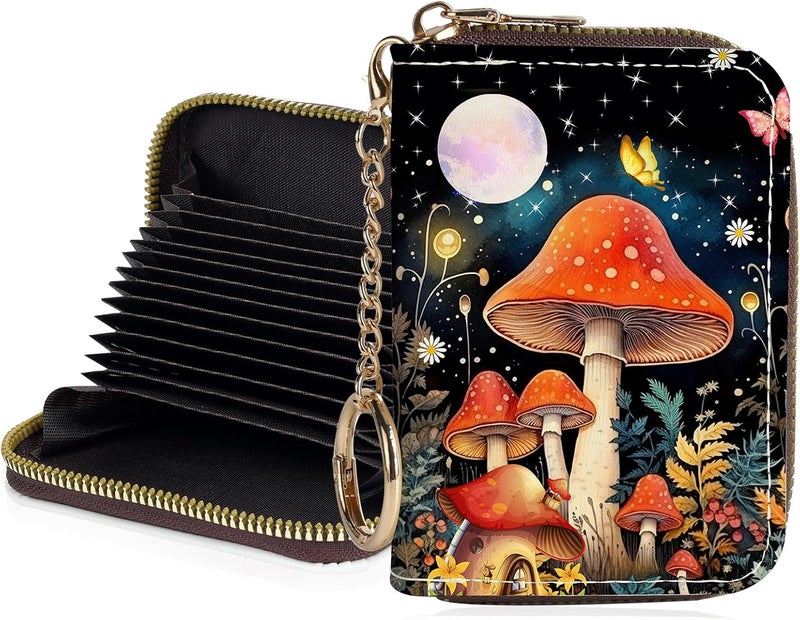 Luoycxy Credit Card Holder for Women,Small Rfid Wallet with Keychain Zipper,Cute PU Leather Card Case Wallet，Accordion Credit Card Wallets Gift,Moon Mushroom - Image 1